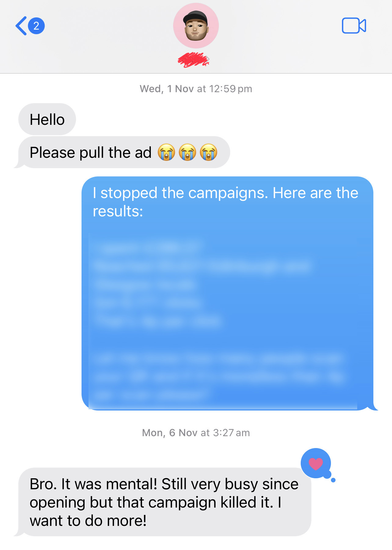 Original redacted Shakedown launch feedback asking to pull the ad, followed by a positive message asking to do more