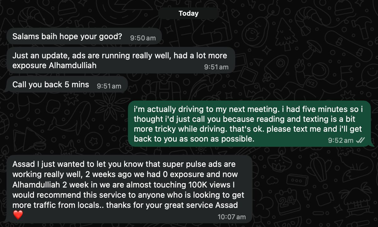 Three original WhatsApp messages: Yusuf says he will call back, Asad replies, then Yusuf recommends SuperPulse after almost 100,000 views in two weeks